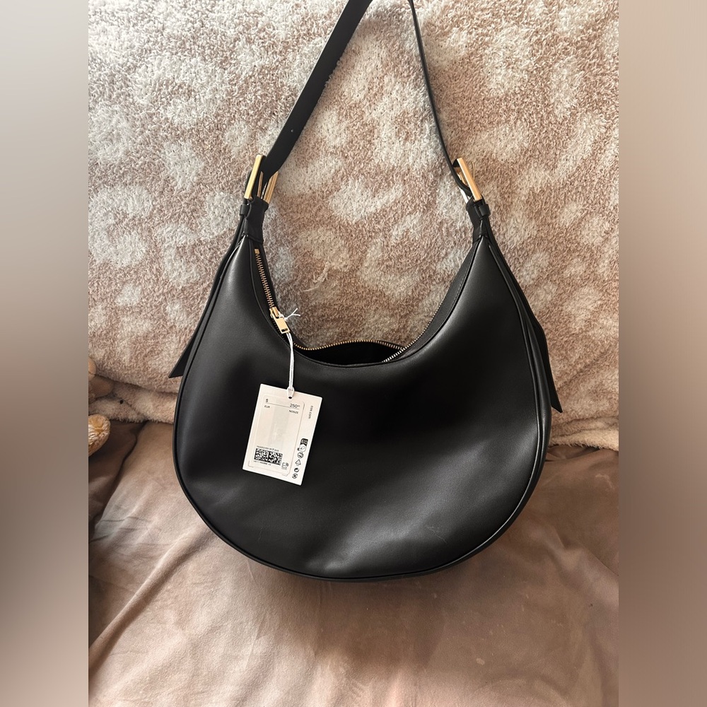 COS Black Leather Shoulder Hobo Bag with Gold Accents Adjustable